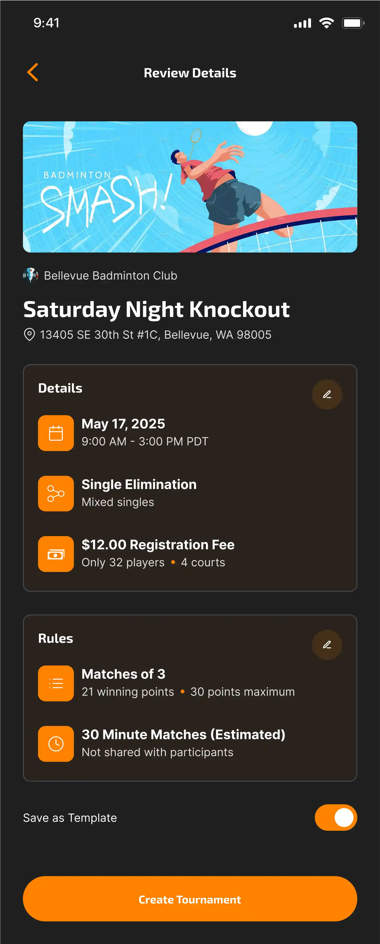 Creating Tournament - Review details & Confirm screen